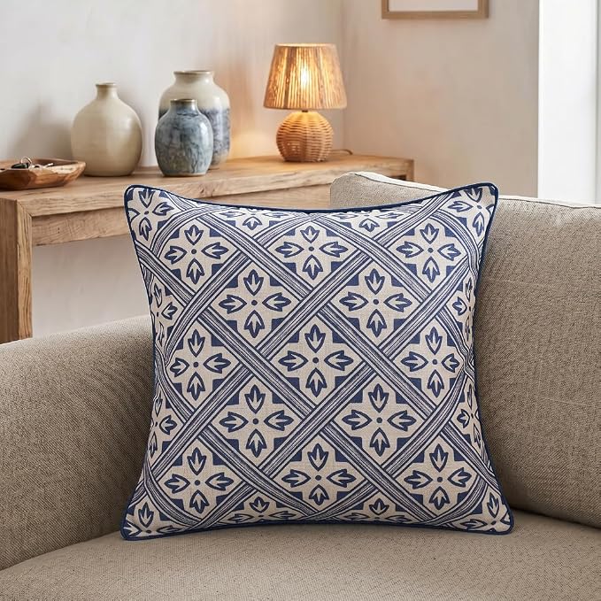 patdrea Designer French Linen Throw Pillow Cover,18"x18",Set of 2-Ivar C | Decorative Pillow Case,Chinoiserie Blue Floral Print Pillow Cover for Couch Living Room Bedroom Sofa