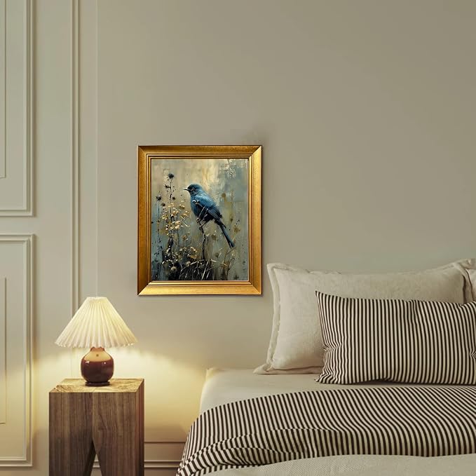 Vintage Blue Bird Wall Art Gold Framed Wall Decor Dark Cottage Core Farmhouse Canvas Print Academia Gothic Aesthetic Moody Botanical Woodland Oil Painting Artworks for Bedroom Living Room Decor