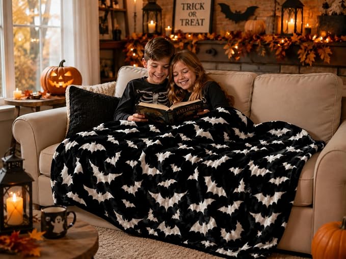 Halloween Fleece Throw Blanket, Silver White Bats on Black, Oversized 50x70 | Ultra-soft cozy flannel fleece, for sofa couch bed chair & dorms, spooky Halloween décor, durable and machine washable.