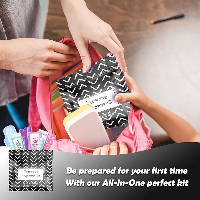 Menstrual Kit All-in-One | Convenience on The Go | Single Period Kit Pack for Travelling, Tweens & Teenagers | Individually Wrapped Feminine Hygiene Products (Black Treads)