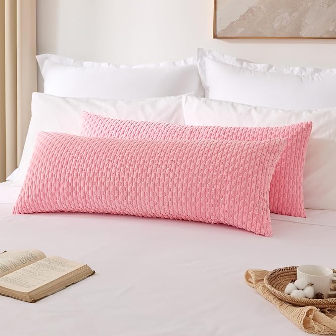 Kevin Textile Soft Corduroy 14"x36" Lumbar Pillow Cover 1 Pack, Pink | Boho Stripe Plush Corduroy Decorative Oblong Cushion Cover Modern Farmhouse Home Decor for Sofa Couch Bed Chair