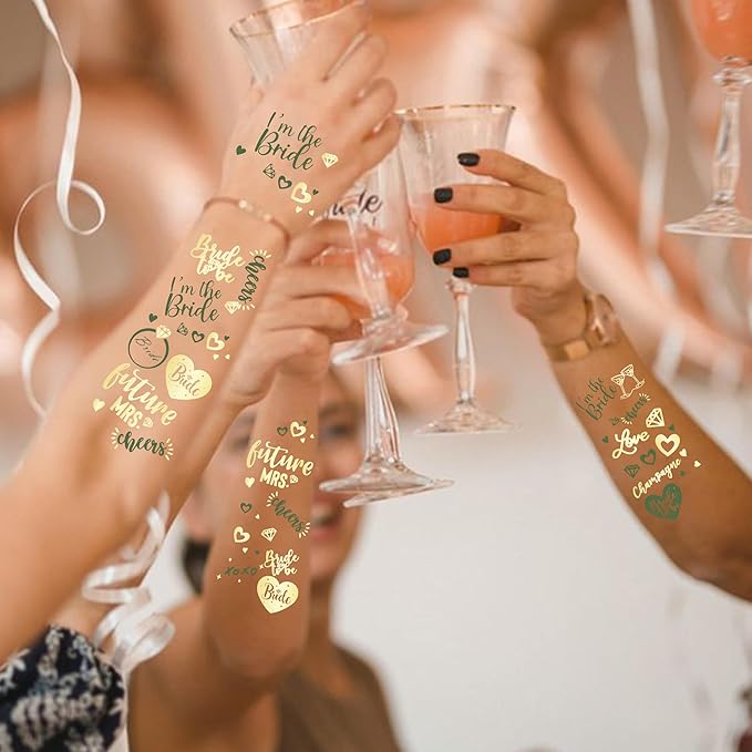 Bride's Babes Bachelorette Temporary Tattoos, Bride Tribe Cheers Gold Metallic Tattoos for Bachelorette Party Bridesmaid Favors Decorations(Bride+Miss to Mrs)