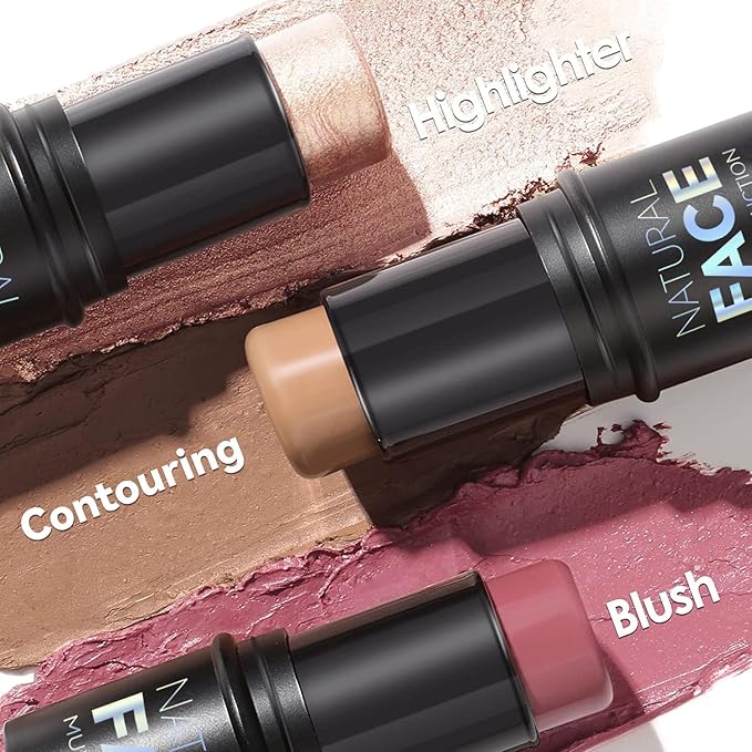 3 Pcs Face Contour Sticks Set, Shades with Highlighter & Blush Sculpted Complexion Wand Contour Long Lasting Natural Buildable Highlighters (01, 05, 06)