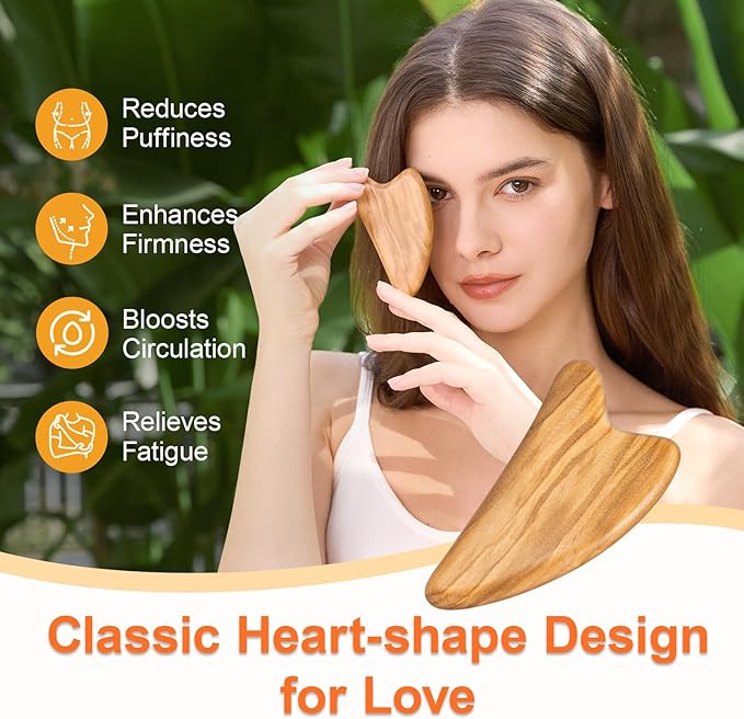 Olaemuo Gua Sha Facial Tools - Face Massager Tool for Lymphatic Drainage, Jawline Sculpting & Puffiness Reducing, Guasha Tool for Body Eyes Neck, Skin Care Gift with Pouch, Natural Olive Wood