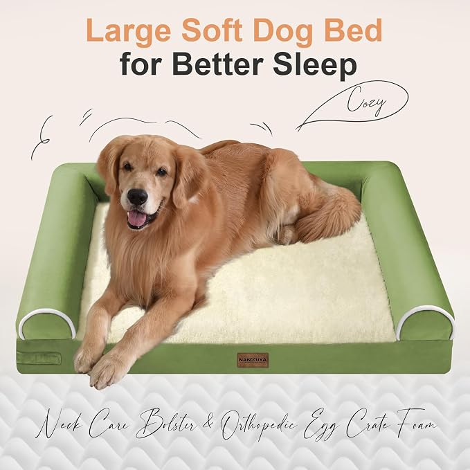 Orthopedic Dog Bed for Jumbo Dogs, 53 x 42 Inch, Grass Green | Egg crate foam for joint support, 3-sided bolster pet sofa, waterproof lining, washable cover, and non-skid base