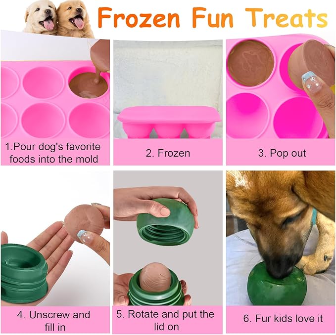 BABORUI 6 Cavities Silicone Dog Treat Molds with Lid for Woof Pupsicle & WOOF Party Pupsicle Large 25-75lbs, Reusable Silicone Popsicle Molds for Making Mix Refills Pops Popsicle Treats (Pink L & Lid)
