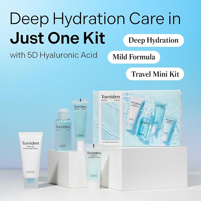Torriden DIVE IN Trial Kit | Hyaluronic Acid Infused Daily Skincare Kit - 4 Step Regimen with Foam Cleanser, Facial Toner, Serum, and Cream | Travel Essential | Korean Skin Care Set