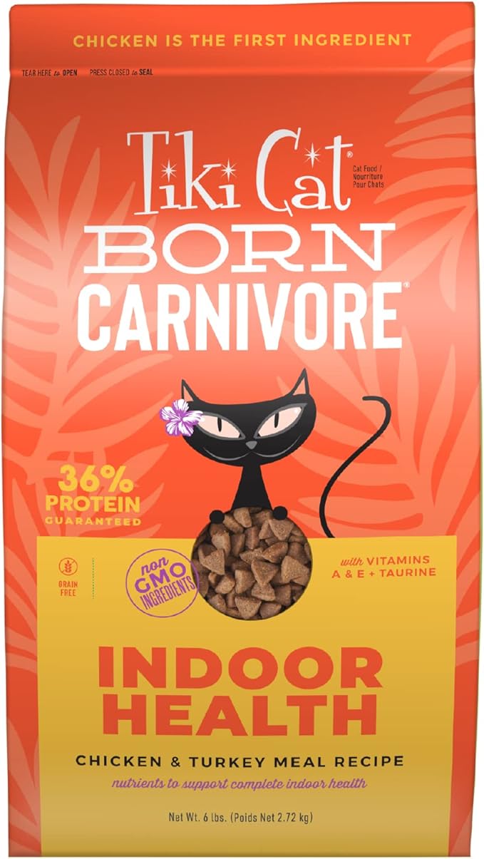 Tiki Cat Born Carnivore Indoor Health, Chicken & Turkey Meal, 6 lbs Bag | Crunchy Kibble Texture for Indoor Cats, Real Animal Protein, Non-GMO Ingredients, Supports Immune and Digestive Health