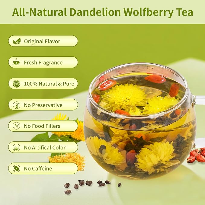 Dandelion Wolfberry Tea, Natural Kidneys & Liver Health Dandelion Root Tea with Dandelion, Wolfberry, Cassia Seed, Chrysanthemum, Licorice, Orange Peel, Gardenia (2 Pack/24 Bags)
