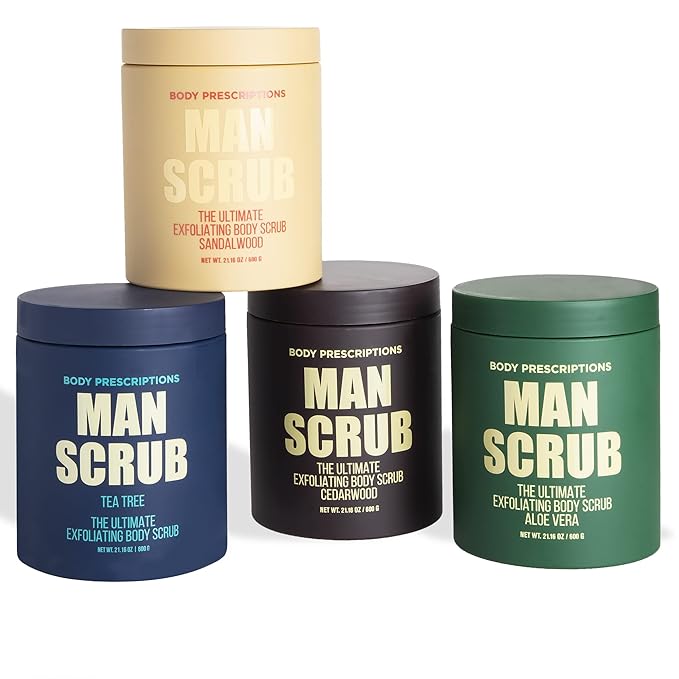 Body Prescriptions Men’s Exfoliating Body Scrub – Ultimate Skin Cleansing Wash in Jar with Twist-Top Lid, For All Skin Types, 21 Ounce (Pack of 4), Combo Pack