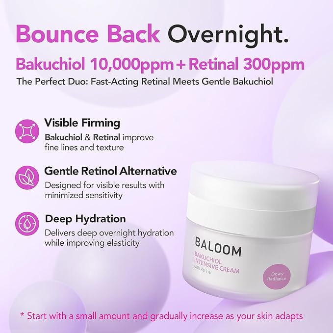 BALOOM Bakuchiol + Retinal Intensive Cream – Gentle Retinol Cream & Night Cream – Korean Moisturizer Face Cream for Wrinkles, Fine Lines, Firming & Glass Skin – Retinol Alternative – 1.85 fl oz