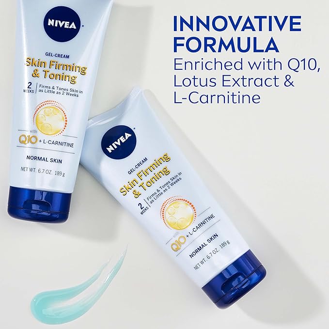 Nivea Nourishing Hydration Skin Firming Body Lotion (16.9 Fl Oz) + Skin Firming & Toning Body Gel Cream with Hyaluronic Acid (6.7 Oz), Enriched with Q10 and Vitamin C