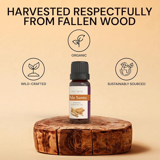 ArOmis Organic Palo Santo Essential Oil - 100% Pure Therapeutic Grade 10ml (.34 Fl Oz) - Undiluted, Premium, Oils for Aromatherapy - All the Aroma None of the Smoke - Wildcrafted and Sustainable