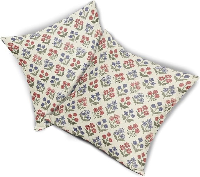 4th of July Patriotic Floral Pillow Covers 20x20 Inch Set of 2, Navy Blue Red Green Flower Block Print Decorative Throw Pillowcases Outdoor Memorial Day Holiday Cushion Covers Sofa Couch Bed Decor