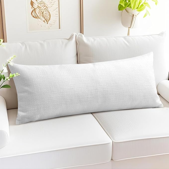 OTOSTAR Linen Throw Pillow Cover Set of 1 Decorative Long Lumbar Pillowcase Rectangle Cushion Cover 14x36 Inch for Home Decor Sofa Bedroom Car 35 x 90CM Pure White