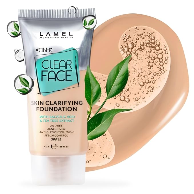 LAMEL Oh My Clear Face Full Coverage Foundation for Oily & Acne Prone Skin, Salicylic Acid & Tea Tree Extract, Anti-Blemish Sensitive Skin Care, Organic & Oil-Free, 404 Custard, 40 ml / 1.35 fl.oz