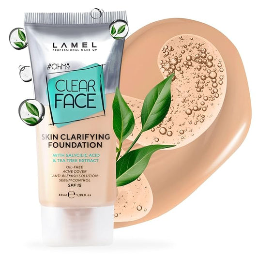LAMEL Oh My Clear Face Full Coverage Foundation for Oily & Acne Prone Skin, Salicylic Acid & Tea Tree Extract, Anti-Blemish Sensitive Skin Care, Organic & Oil-Free, 404 Custard, 40 ml / 1.35 fl.oz