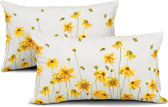 Spring Summer Throw Pillow Covers 12X20 in Set of 2 Yellow Flowers Coreopsis Bee Decorative Lumbar Pillow Cases Bees Floral Rectangle Pillow Cover Farmhouse Decor for Outdoor Room Couch Patio Porch