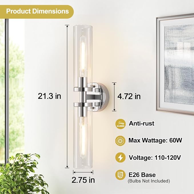 Indoi Wall Sconces Set of Two, Hardwired Chrome Bathroom Sconces Wall Lighting with Clear Glass, Modern Sconces Wall Decor Set of 2 Bathroom Light fixtures for Mirror Living Room Hallway Bedroom