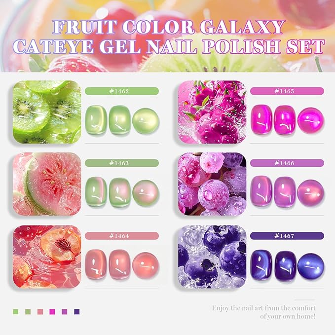 RARJSM Ceramic Glitter Fruit Cat Eye Gel Nail Polish Set 6Pcs Velvet Lime Green Berry Pink Blue Purple Fuchsia Reflective Smoothie Shimmer Glassy Cateye Gelpolish with Magnetic Stick Curing Require