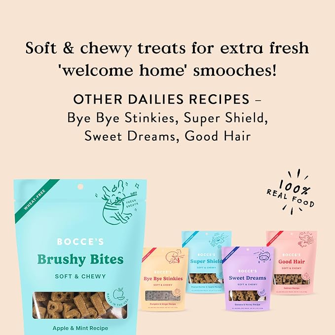 Bocce's Bakery Brushy Bites Soft Chewy Dog Treats, Apple Mint Flavor (6 oz) | Oven Baked, Wheat-Free Everyday Dog Treat Cookies - Made with Real, Limited Ingredients and Baked in The USA