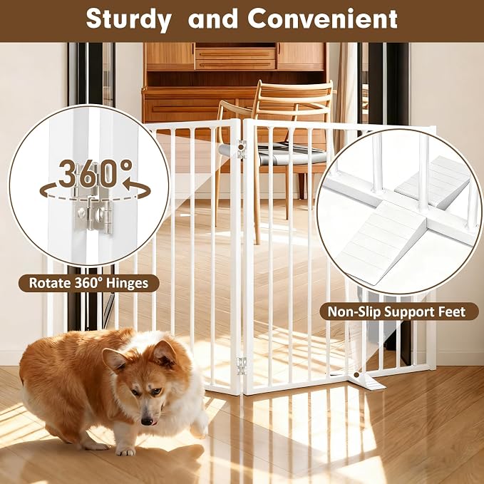 52" Extra Wide Dog Gate Indoor, Heavy Duty Metal Freestanding Dog Gate-Auto Close, Foldable Pet Fence – Anti-Topple Stability Feet for Stairs, Doorways,House,Porch,Deck,Yard(2 Panels,White)