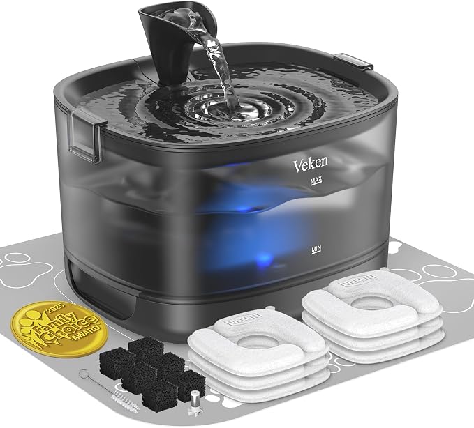 Veken 85oz/2.5L Cat Water Fountain with Detachable Tank, 6Filters & Sponges | Secure Clips, Easy to Clean & Assemble, Quiet Pet Drinking Dispenser with LED Light for Cats, Dogs and Small Pets, Black