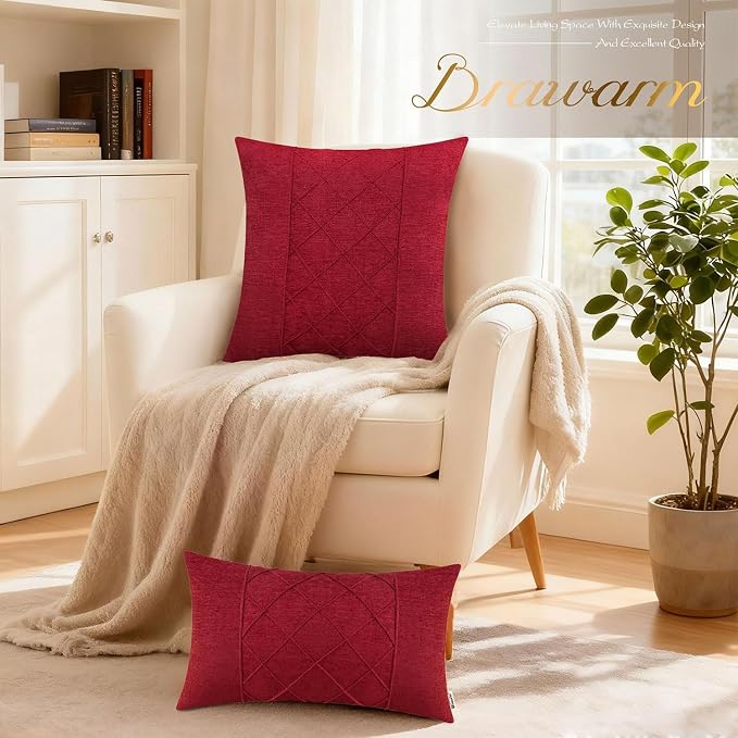 BRAWARM Chenille Throw Pillow Covers 20x20 Inches, Red, 2 Pack | Decorative Pleated Pillow Covers, Soft Cushion Cases for Sofa Bed Living Room Home Farmhouse (No Insert)