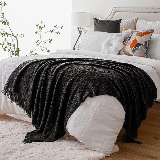 BATTILO HOME Black Throw Blanket for Couch, Boho Black Throws for Home Decor, Soft Throw Blankets for Bedroom Decor Housewarming Gifts, 50"x60"