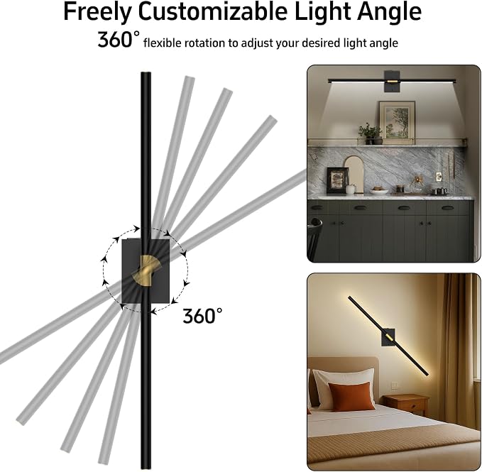 Battery Operated Wall Sconces Set of 2, 10000mAh, Black | Detachable rechargeable battery, 31.5" wireless lighting for TV wall mirror bedroom or living room decor