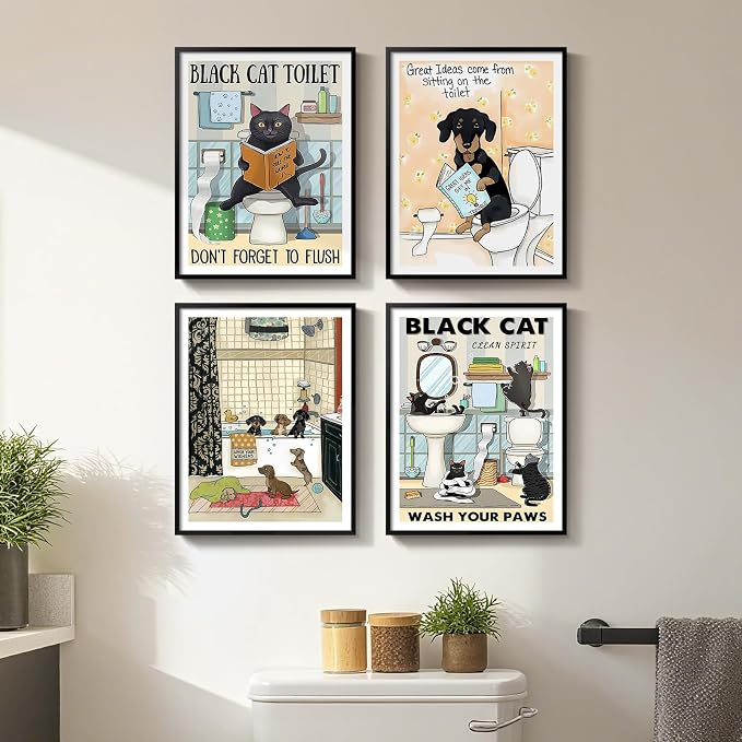 Framed Funny Bathroom Wall Art Decor, 4 Piece Cute Black Cat Dog Canvas Painting Prints, Animal Sitting in Bathtub on Toilet Reading Book Pictures for Kids Bathroom Restroom Wall Decor, 11x14 Inch
