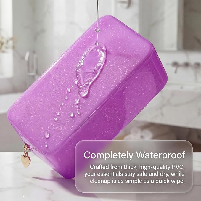 RSRSLEII Stardust Twinkle Jelly Travel Makeup & Toiletry Bag, Waterproof PVC Cosmetic Bag/Case for Women，Zipper SPF Beach Bag for Sunscreen Skincare and Daily Essentials (07Purple-Large)