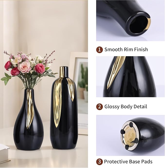 Black and Gold Vase Set of 3, Modern Ceramic Decorative Vases for Living Room, Bedroom, Art Decor, Mantle, Home Event Decor, Office Decorative, Weddings, Rustic & Farmhouse (Black Gold)