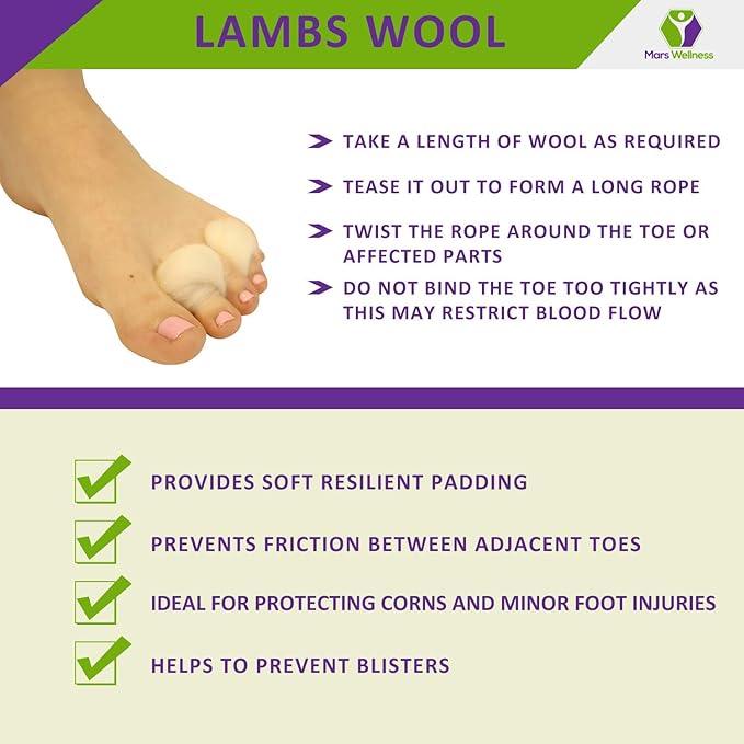 Lambs Wool for Feet Super Soft Cushioning and Toe Seperator - 3/8 oz - Lambs Wool for Toes for Hiking, Dance, Walking and Running - 1 Pack
