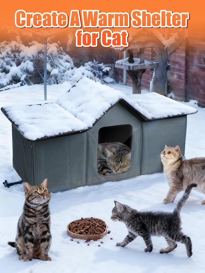 Weatherproof Heated Cat Houses for Outdoor Cats - Insulated Cat Shelter for Winter with Thermostatic Heating Pad and Escape Door, Warm Outside Pet House Gift for 3-4 Feral Cats (X-Large)
