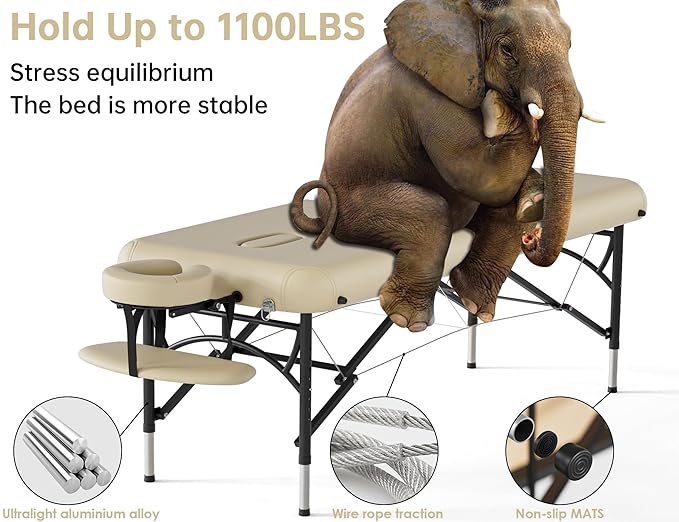 CLORIS 84" Professional Massage Table Portable 2 Folding Lightweight Facial Salon Spa Tattoo Bed Height Adjustable with Carrying Bag & Aluminium Leg Hold Up to 1100LBS Cream