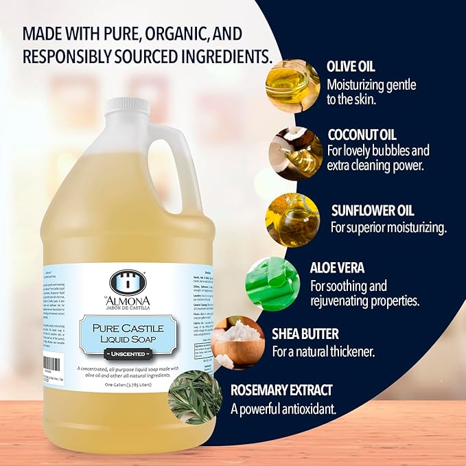 Pure Castile Liquid Soap, LEMON, 1 Gallon - Multipurpose: Hands, Face, Body, Laundry, Dishes & More - For Sensitive Skin, All-Natural Ingredients, Scented with Essential Oils