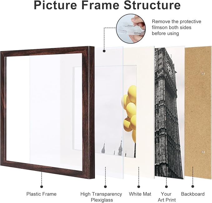 12x12 Picture Frame Set of 9, Display Pictures 8x8 with Mat or 12x12 without Mat, Multi Collage Gallery Square Photo Frames for Wall or Tabletop, Brown