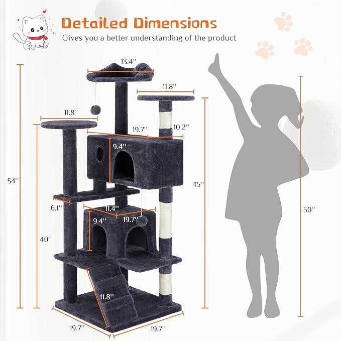 Sweetcrispy 54 Inch Cat Tree Tower with Scratching Post, Indoor Use | Multi-Level Cat Tower with Condo with Climbing Ladder, Plush Toy, Play House for Kittens, Dark Grey