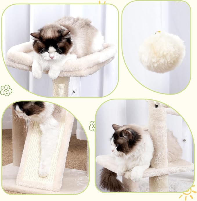Hey-brother Cat Tree Tower with Removable Toys, Scratching Posts, MPJ008SM | 41.3 Inches Plush Cozy Condo with Platform, Hammock, Sisal Scratch Board and Ball for Indoor Cats, Beige