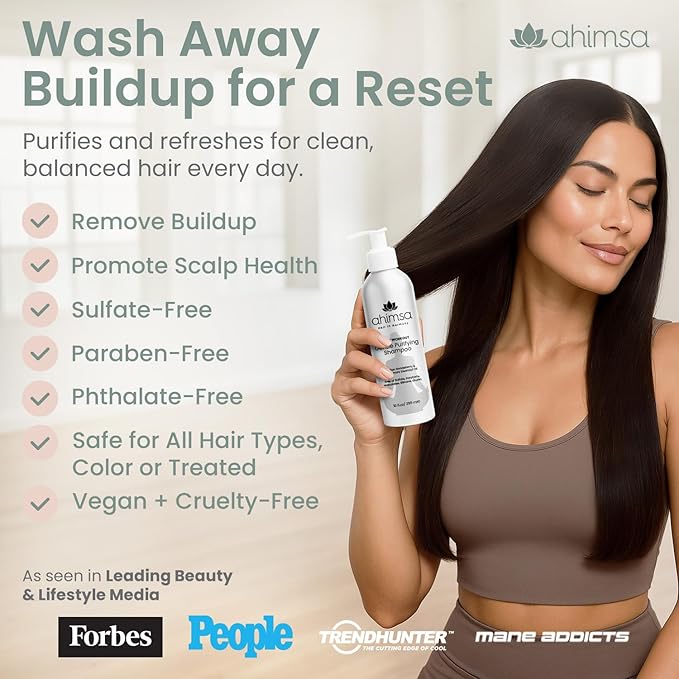 Ahimsa Gentle Purifying Shampoo, Daily Clarifying Shampoo for Dry Hair & All Hair Type with Indian Gooseberry & Willow Bark Extract, Sulfate-Free Scalp Cleanser for Build Up Removal, Spearmint (10 oz)