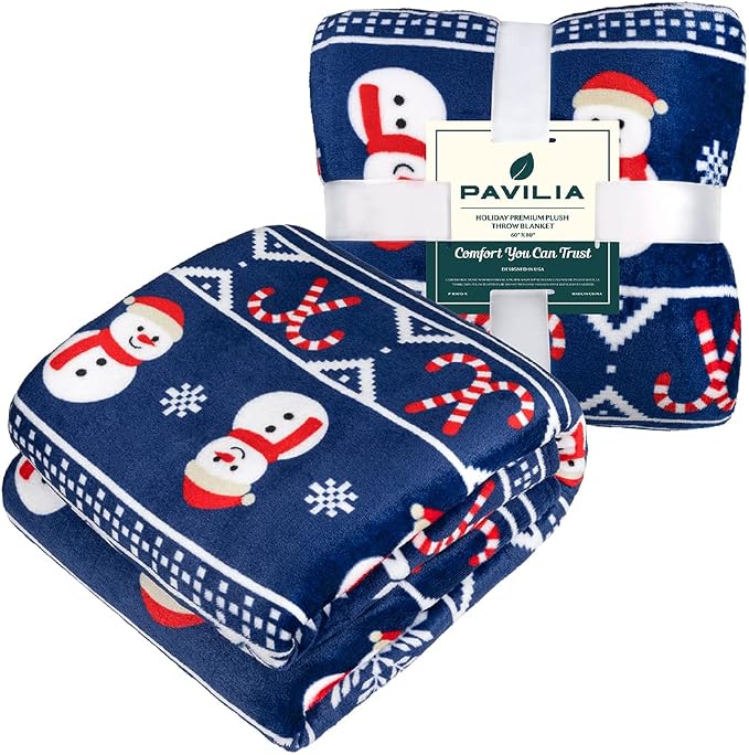 PAVILIA Christmas Snowman Throw Blanket | Blue Holiday Christmas Fleece Blanket | Soft, Plush, Warm Winter Cabin Throw, 60x80 (Blue Christmas)