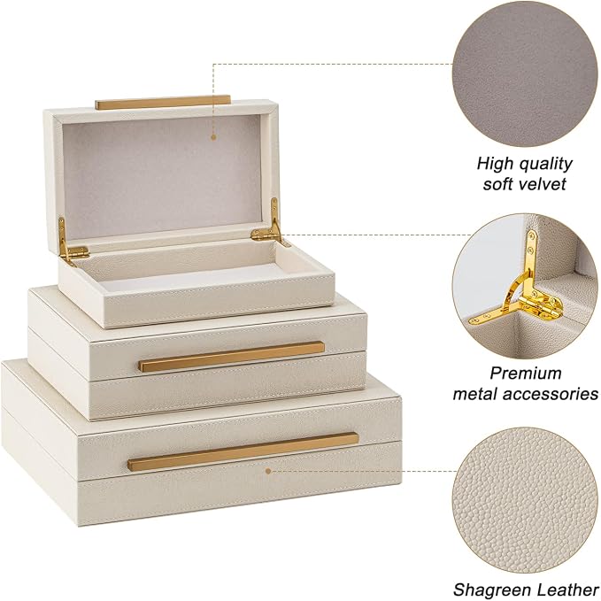 XIGEXIGE Faux Leather Large Modern Stackable Nesting Jewelry Box with Lids Organizer – Set of 3 Beige Shagreen Decorative Storage Boxes with Gold Metal Handles