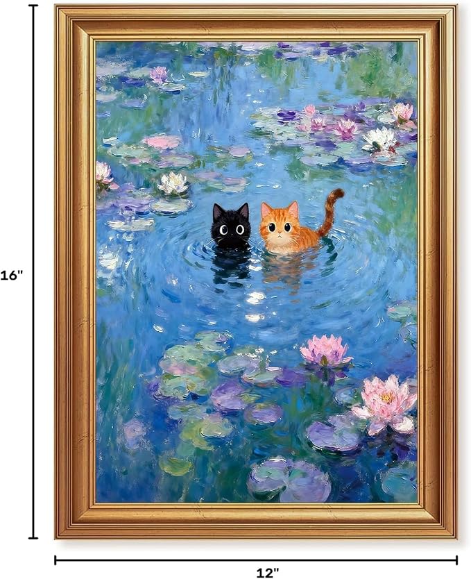 ICHZUMW Gold Framed Funny Cats Monet Water Lilies Canvas Wall Art, 12x16 In | Quirky Black and Orange Cats, Humorous Bathroom Wall Decor, Bedroom Restroom Powder Room, Fade Resistant, Ready to Hang