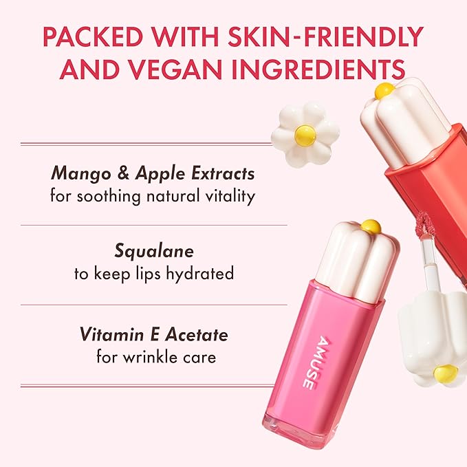 Amuse SEOUL Daisy Flower Dew Tint 13 DEW BOKSOONGA | 35% High-moisture Water Tint, Long-lasting, Vitamin E Acetate, Moisturizing, No Peel Off, Lip Treatment, Non Sticky, Korean Lip Tint for Dry Lips