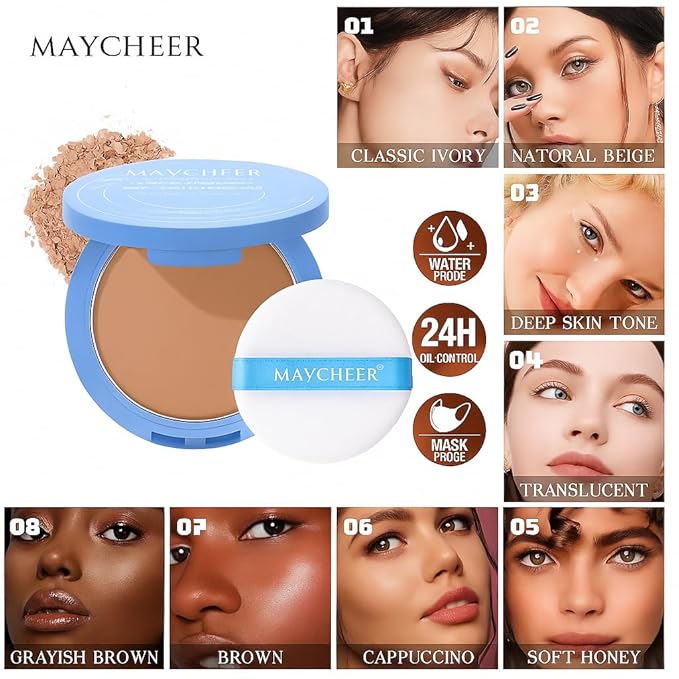 Maycheer Lasting Waterproof Face Powder - 8 Shades Compact, Oil Control Matte Finish, as Foundation & Primer, For All Skin (#07 Brown)