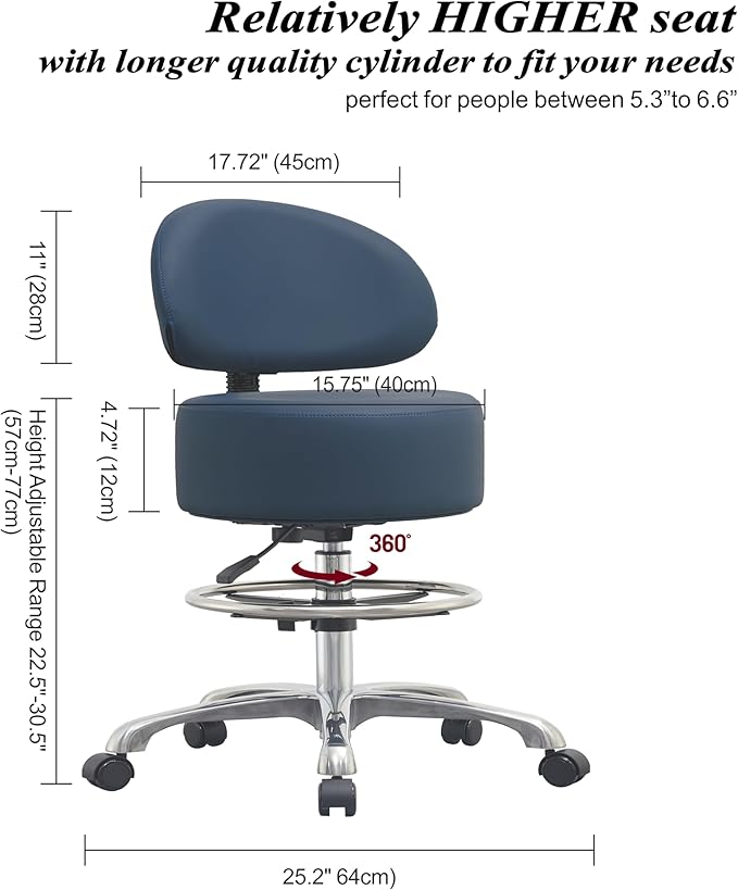 Height Adjustable Rolling Shop Stool with Back Support - Kitchen Stool with Wheels Heavy Duty Stool with Back for Salon,Spa,Massage,Tattoo,Esthetician – Rolling Stool Extra Thick for Extreme Comfort