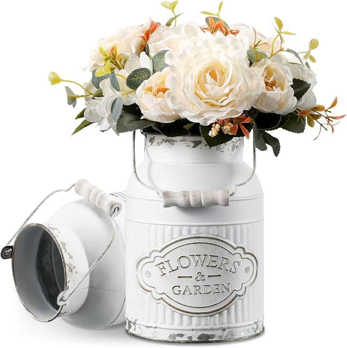 French Country Decor Rustic Farmhouse Kitchen Decor Galvanized Bucket Decorative Metal Flower Vase Vintage Milk Can Jug for Bathroom, Sparklers for Weddings
