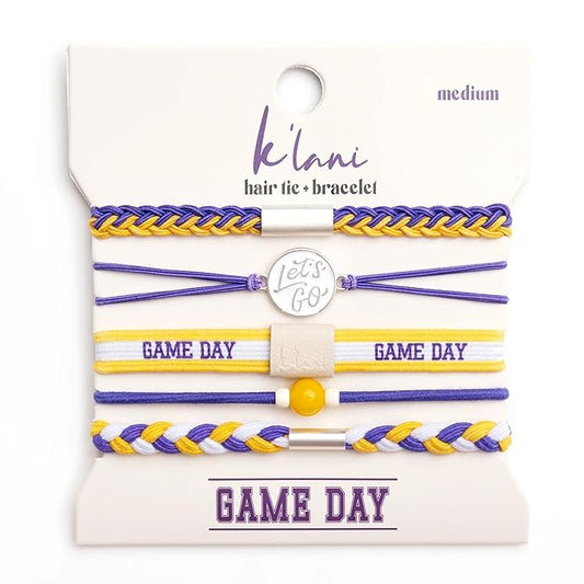 K'lani Game Day Hair Tie Bracelets – 5-Pack Stretchy No-Crease Hair Ties & Stylish Bracelets – Team Color Accessory for Hair or Wrist - Purple & Yellow, Large