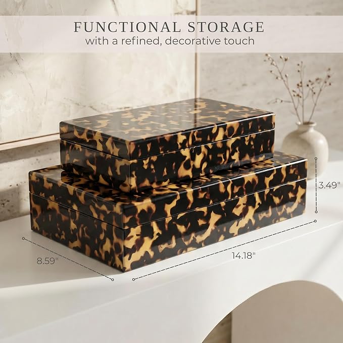 ZICOTO Decorative Storage Boxes with Lids - Set of 2 Beautiful Organizer Bins for Your Bookshelf Home Decor - Safely Store Photos, Documents and Memory Box Keepsakes on Your Shelves in Style